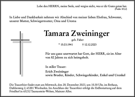 Traueranzeige von Tamara Zweininger von Wiesbadener Kurier