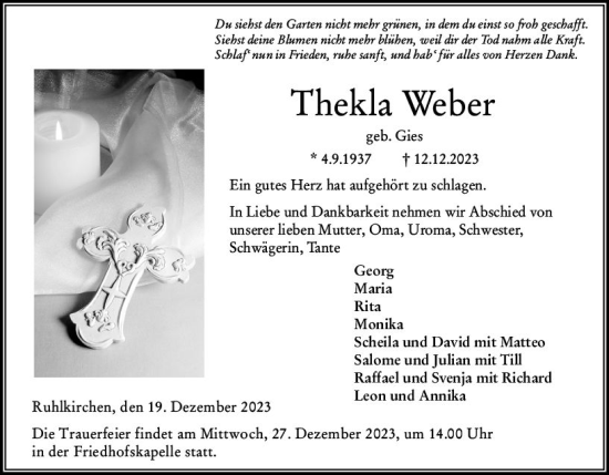 Traueranzeige von Thekla Weber von VRM Trauer