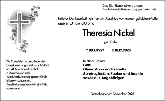Traueranzeige von Theresia Nickel von Weilburger Tageblatt