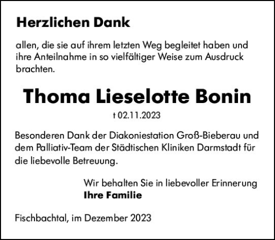 Traueranzeige von Thoma Lieselotte Bonin von Darmstädter Echo