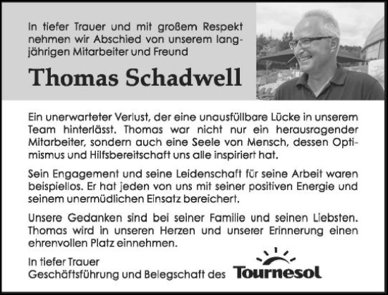 Traueranzeige von Thomas Schadwell von Wiesbadener Kurier