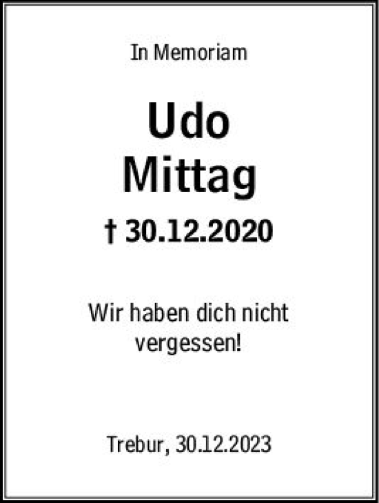 Traueranzeige von Udo Mittag von Rüsselsheimer Echo