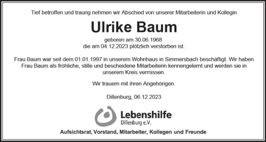 Traueranzeige von Ulrike Baum von Dill Block