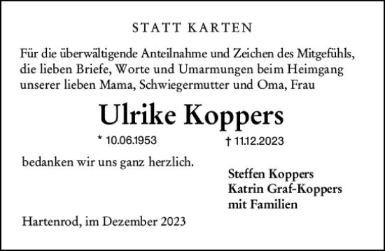 Traueranzeige von Ulrike Koppers von Hinterländer Anzeiger