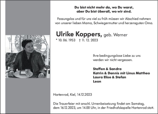 Traueranzeige von Ulrike Koppers von Hinterländer Anzeiger