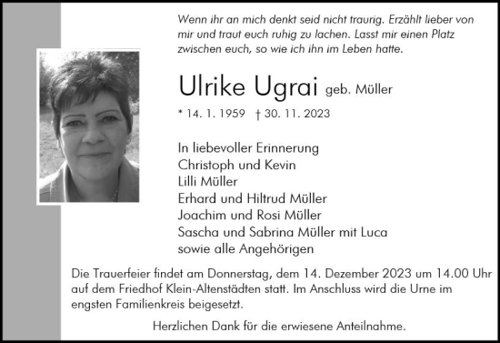 Traueranzeige von Ulrike Ugrai von Wetzlarer Neue Zeitung