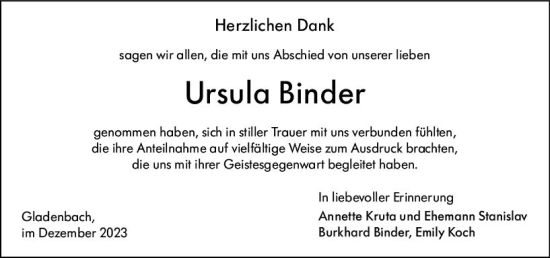 Traueranzeige von Ursula Binder von Hinterländer Anzeiger
