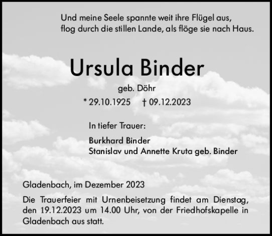 Traueranzeige von Ursula Binder von Hinterländer Anzeiger