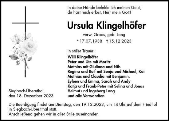 Traueranzeige von Ursula Klingelhöfer von Dill Block