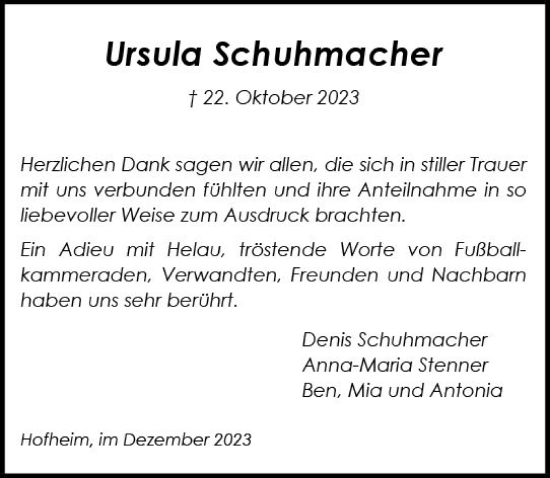 Traueranzeige von Ursula Schuhmacher von Wiesbadener Kurier