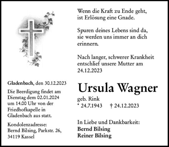 Traueranzeige von Ursula Wagner von Hinterländer Anzeiger