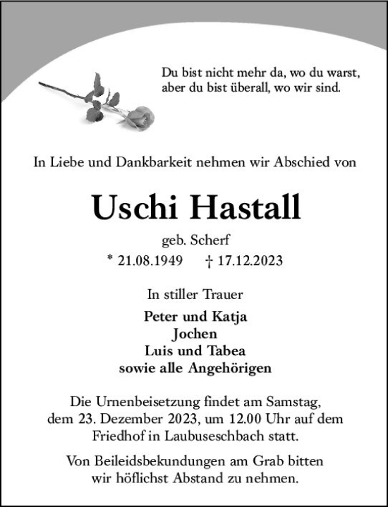 Traueranzeige von Uschi Hastall von Weilburger Tageblatt