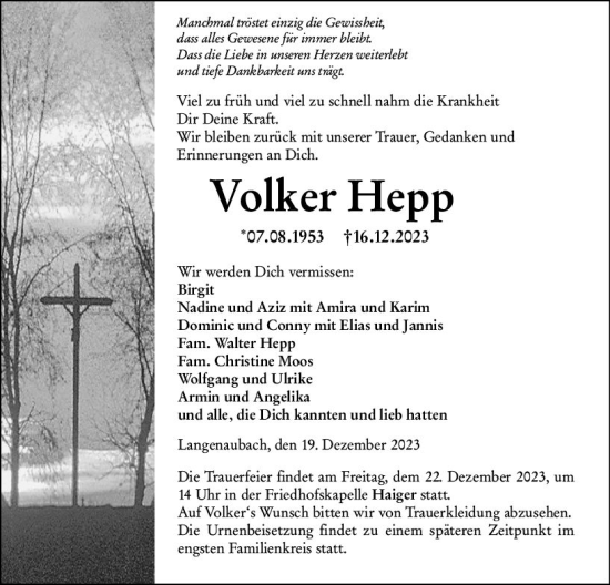 Traueranzeige von Volker Hepp von Dill Block