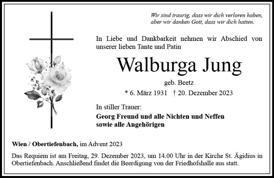 Traueranzeige von Walburga Jung von Nassauische Neue Presse