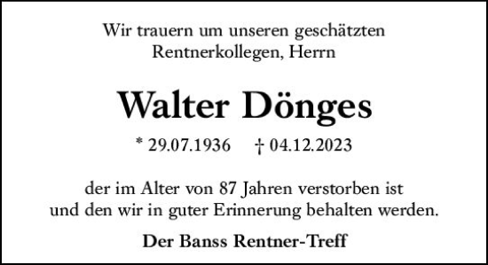 Traueranzeige von Walter Dönges von Hinterländer Anzeiger