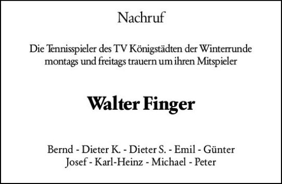 Traueranzeige von Walter Finger von Rüsselsheimer Echo
