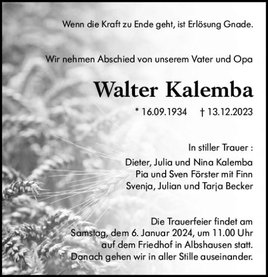 Traueranzeige von Walter Kalemba von Wetzlarer Neue Zeitung