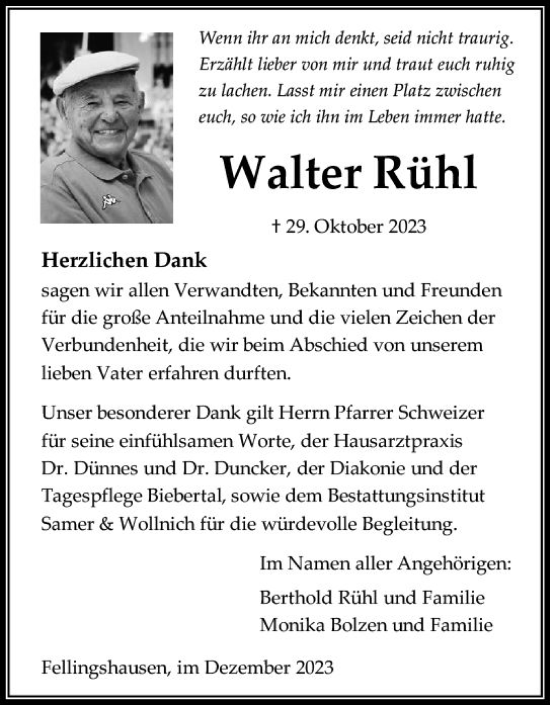 Traueranzeige von Walter Rühl von Wetzlarer Neue Zeitung