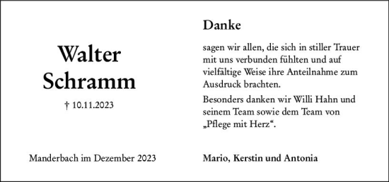 Traueranzeige von Walter Schramm von Dill Block