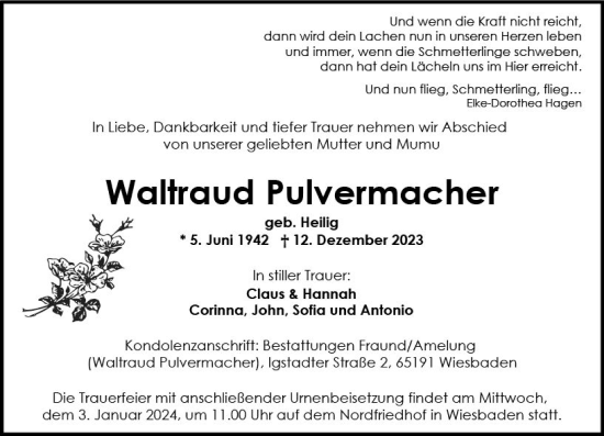 Traueranzeige von Waltraud Pulvermacher von Wiesbadener Kurier