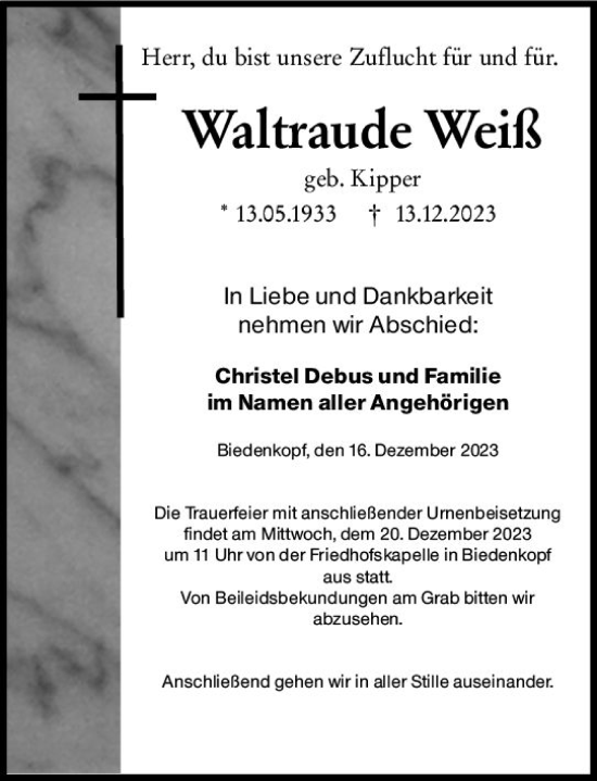 Traueranzeige von Waltraude Weiß von Hinterländer Anzeiger