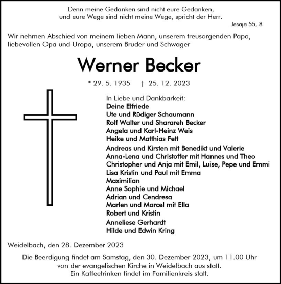 Traueranzeige von Werner Becker von Dill Block