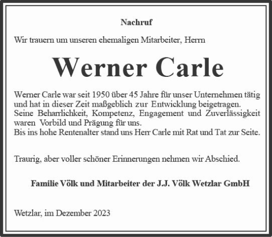 Traueranzeige von Werner Carle von Wetzlarer Neue Zeitung