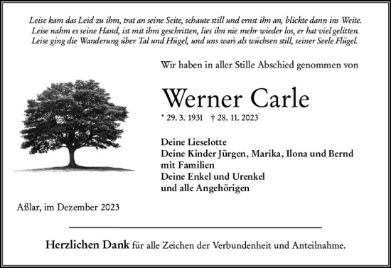 Traueranzeige von Werner Carle von Wetzlarer Neue Zeitung