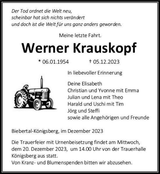 Traueranzeige von Werner Krauskopf von Wetzlarer Neue Zeitung