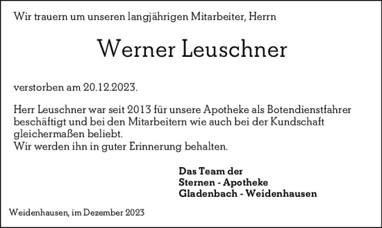 Traueranzeige von Werner Leuschner von Hinterländer Anzeiger