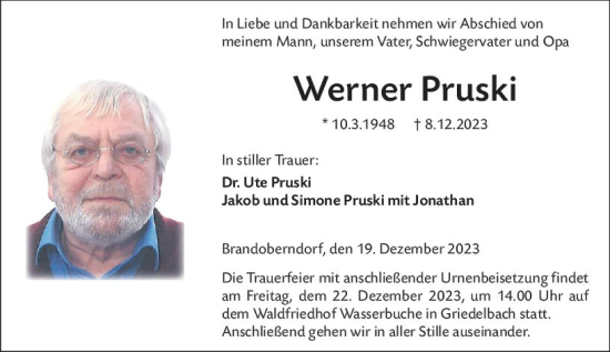 Traueranzeige von Werner Pruski von Wetzlarer Neue Zeitung
