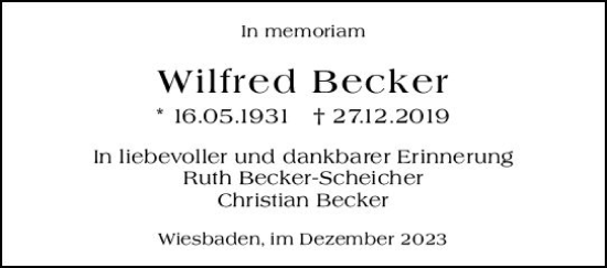 Traueranzeige von Wilfried Becker von Wiesbadener Kurier