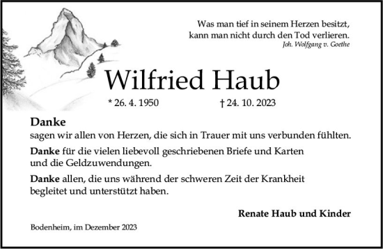 Traueranzeige von Wilfried Haub von Allgemeine Zeitung Mainz