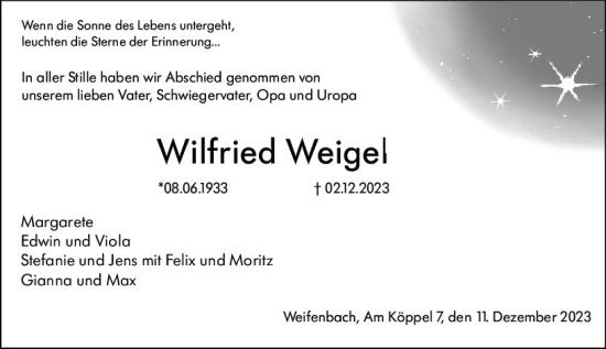 Traueranzeige von Wilfried Weigel von Hinterländer Anzeiger