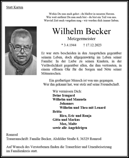 Traueranzeige von Wilhelm Becker von Oberhessen Kurier