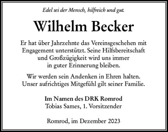 Traueranzeige von Wilhelm Becker von VRM Trauer
