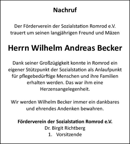 Traueranzeige von Wilhelm Andreas Becker von VRM Trauer