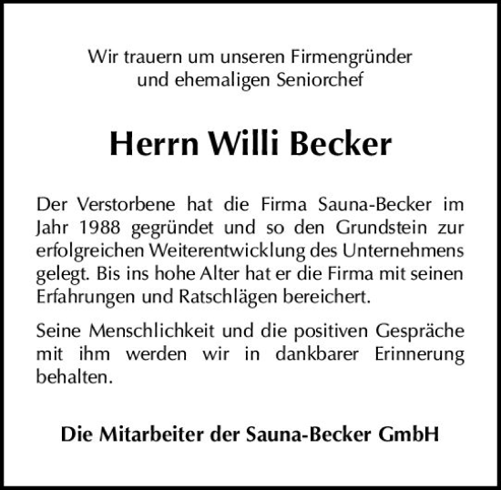 Traueranzeige von Willi Becker von Hinterländer Anzeiger