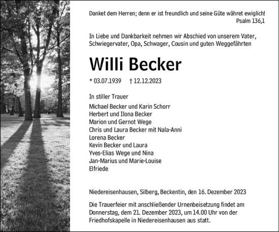 Traueranzeige von Willi Becker von Hinterländer Anzeiger