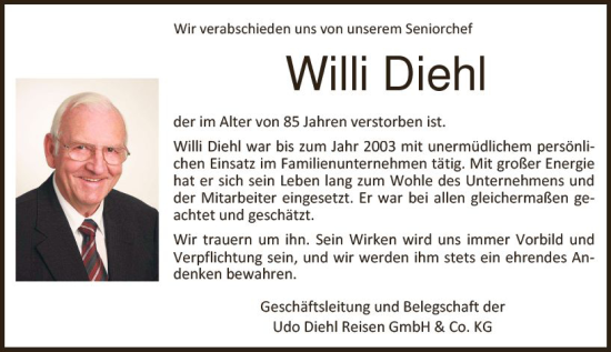 Traueranzeige von Willi Diehl von Hinterländer Anzeiger