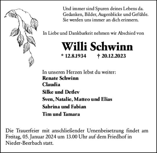 Traueranzeige von Willi Schwinn von Darmstädter Echo