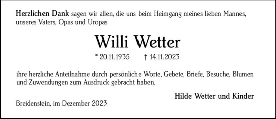 Traueranzeige von Willi Wetter von Hinterländer Anzeiger
