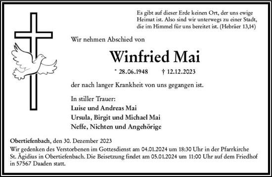 Traueranzeige von Winfried Mai von Weilburger Tageblatt