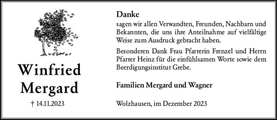 Traueranzeige von Winfried Justus Mergard von Hinterländer Anzeiger