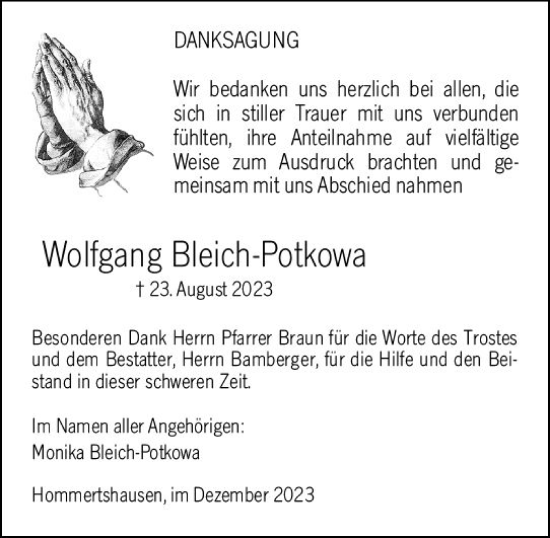 Traueranzeige von Wolfgang Bleich-Potkowa von Hinterländer Anzeiger