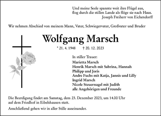 Traueranzeige von Wolfgang Marsch von Dill Block