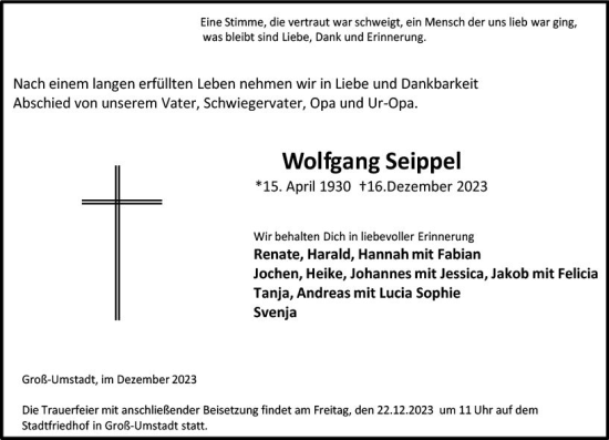 Traueranzeige von Wolfgang Seippel von Odenwälder Echo