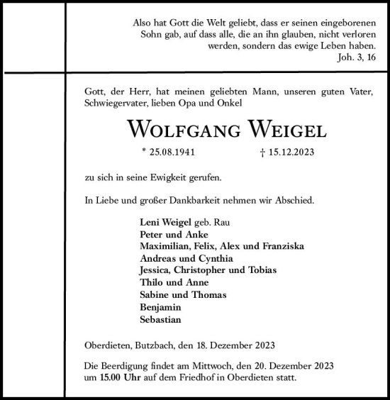 Traueranzeige von Wolfgang Weigel von Hinterländer Anzeiger