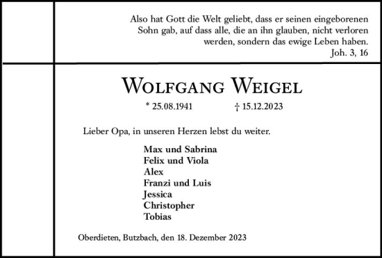 Traueranzeige von Wolfgang Weigel von Hinterländer Anzeiger