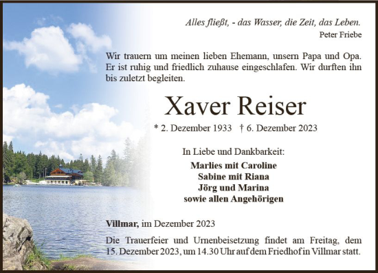 Traueranzeige von Xaver Reiser von Nassauische Neue Presse
